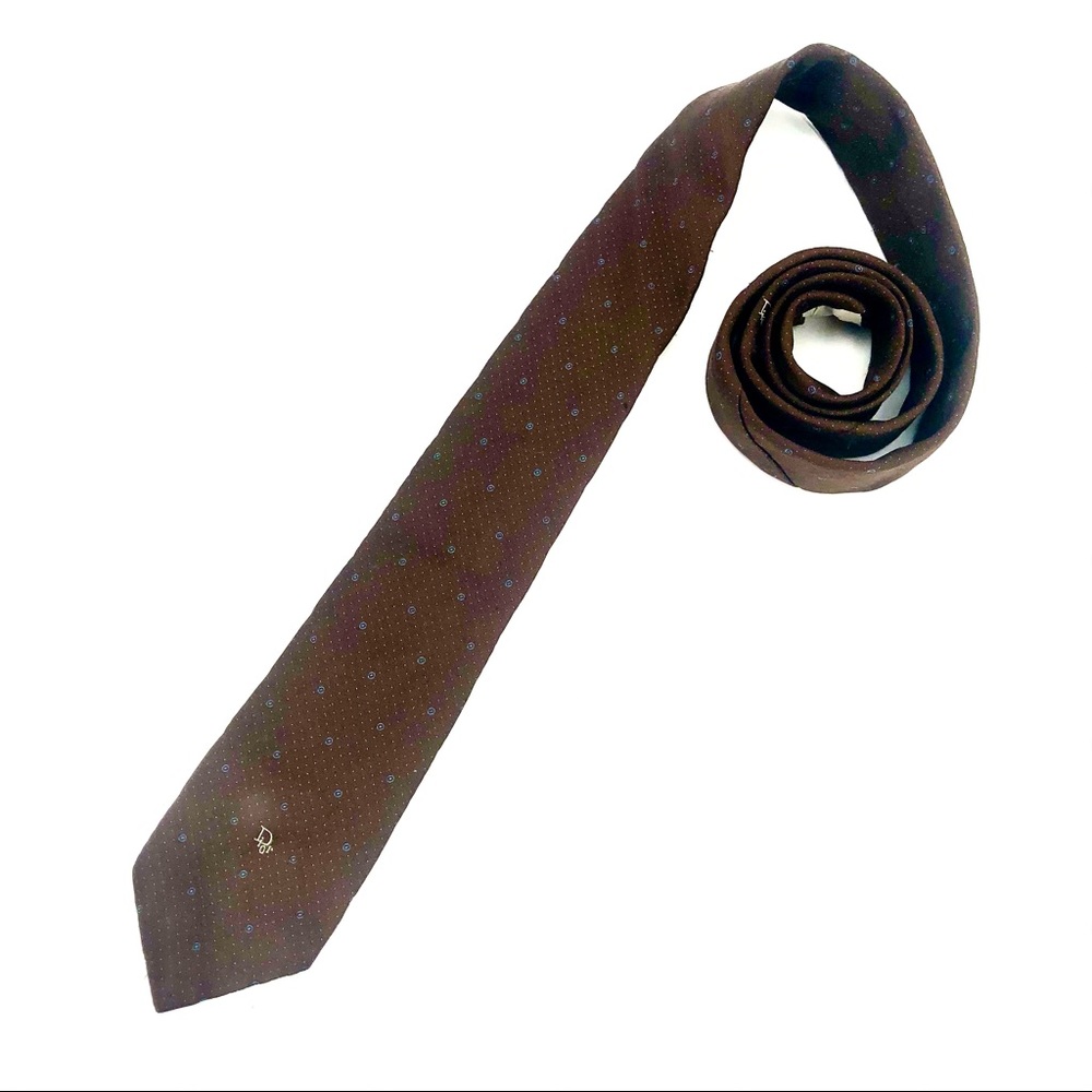 Dior Vintage Brown and Blue Dot Pattern Designer Tie